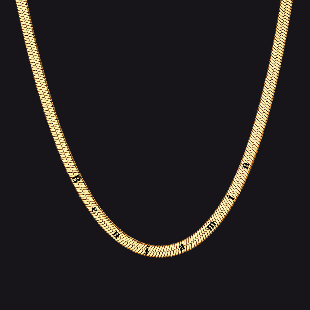 Gold herringbone custom name choker necklace with polished finish