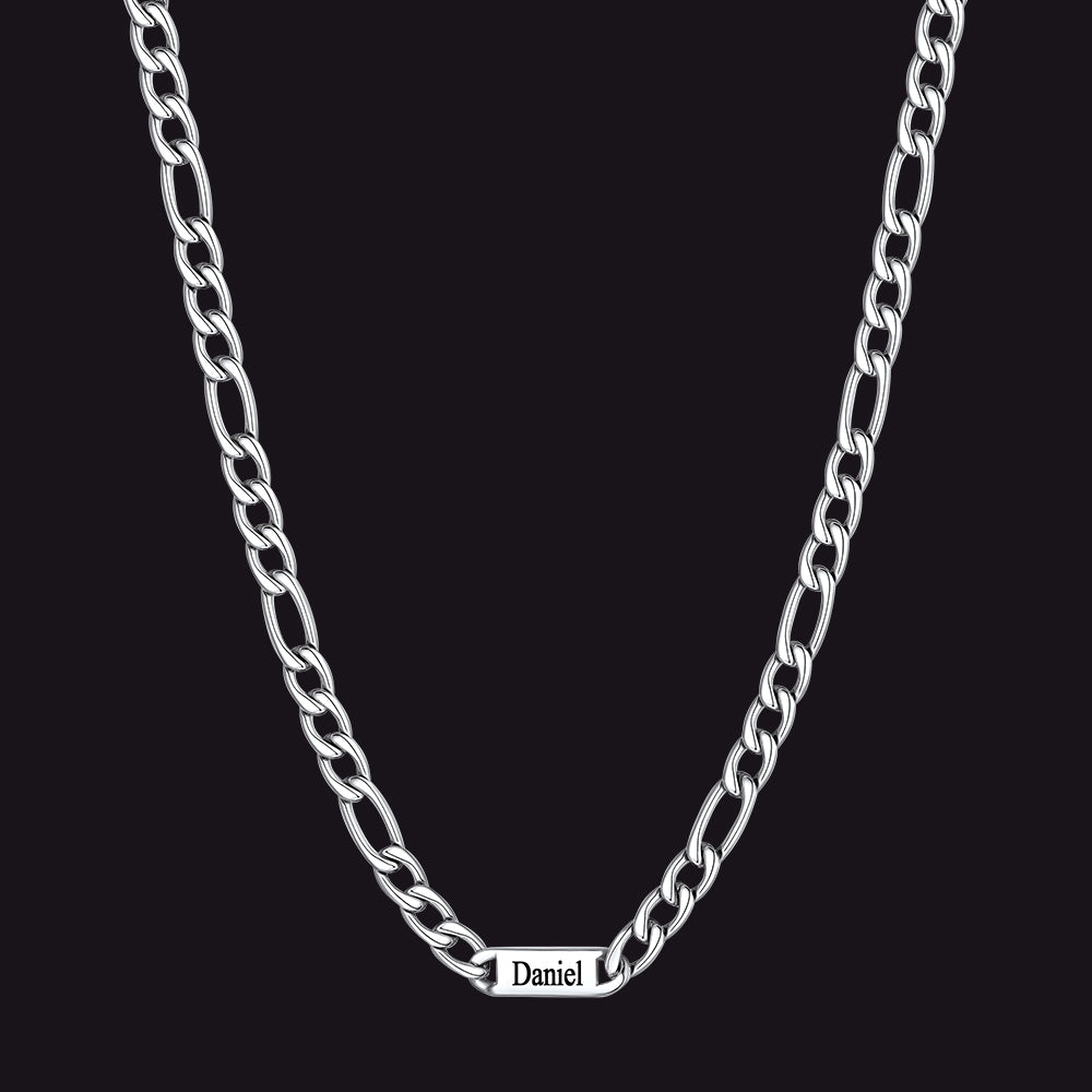 Steel 7mm Figaro chain custom 1-letter name necklace for men