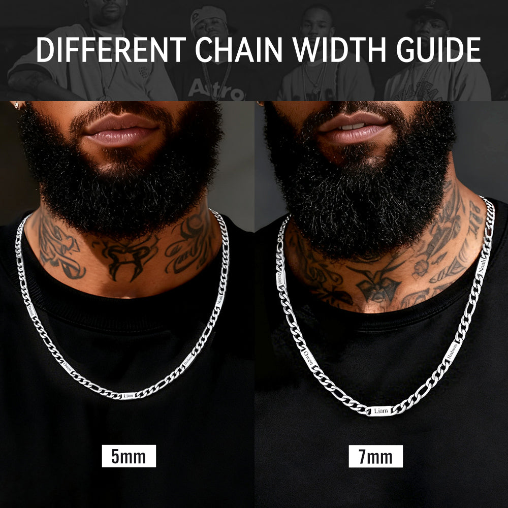 Two men wearing different chain widths with labels '5mm' and '7mm'.