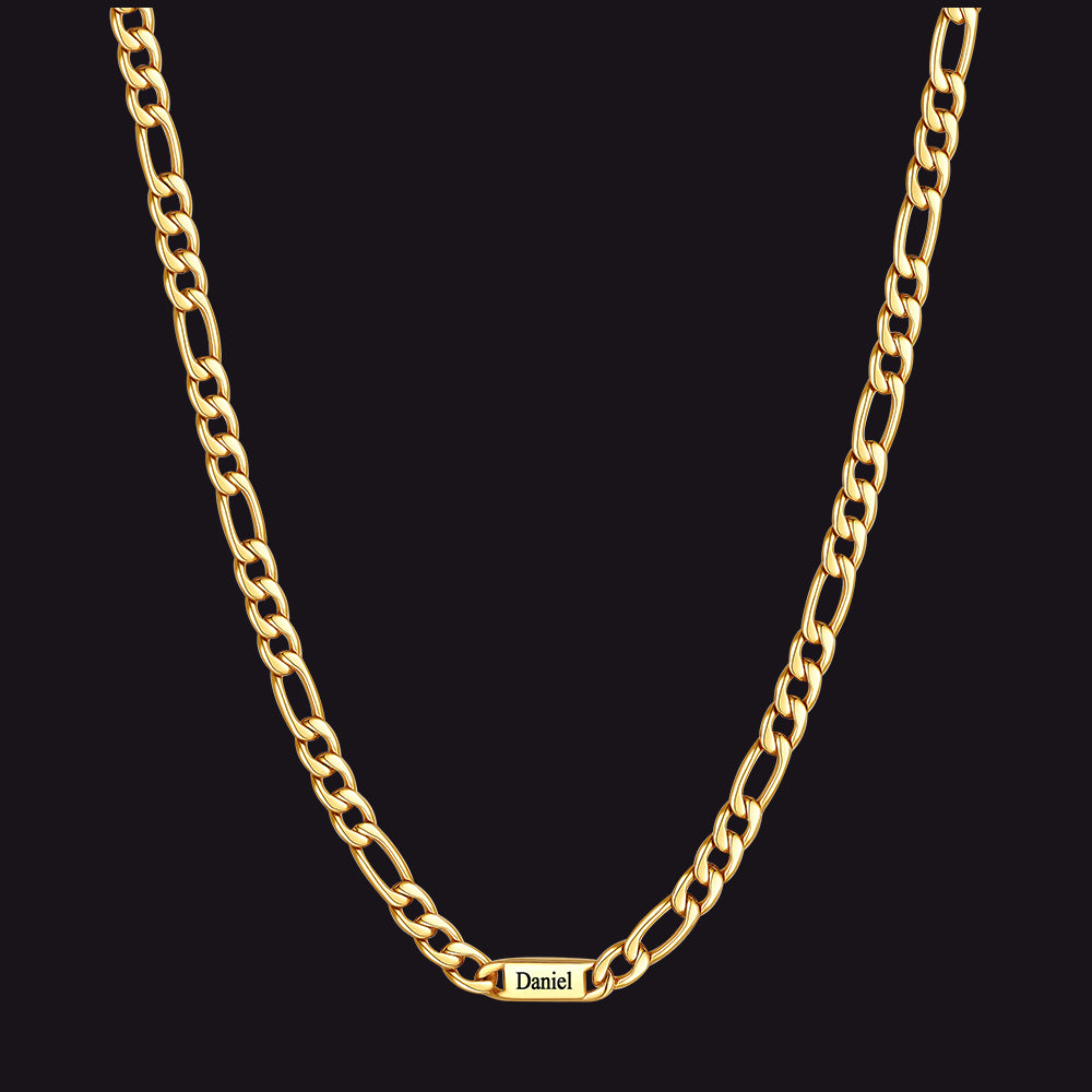 Gold 5mm Figaro chain custom 1-letter name necklace for men