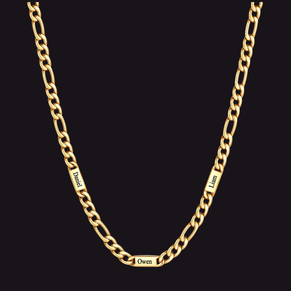 Gold 5mm Figaro chain custom 3-letter name necklace for men