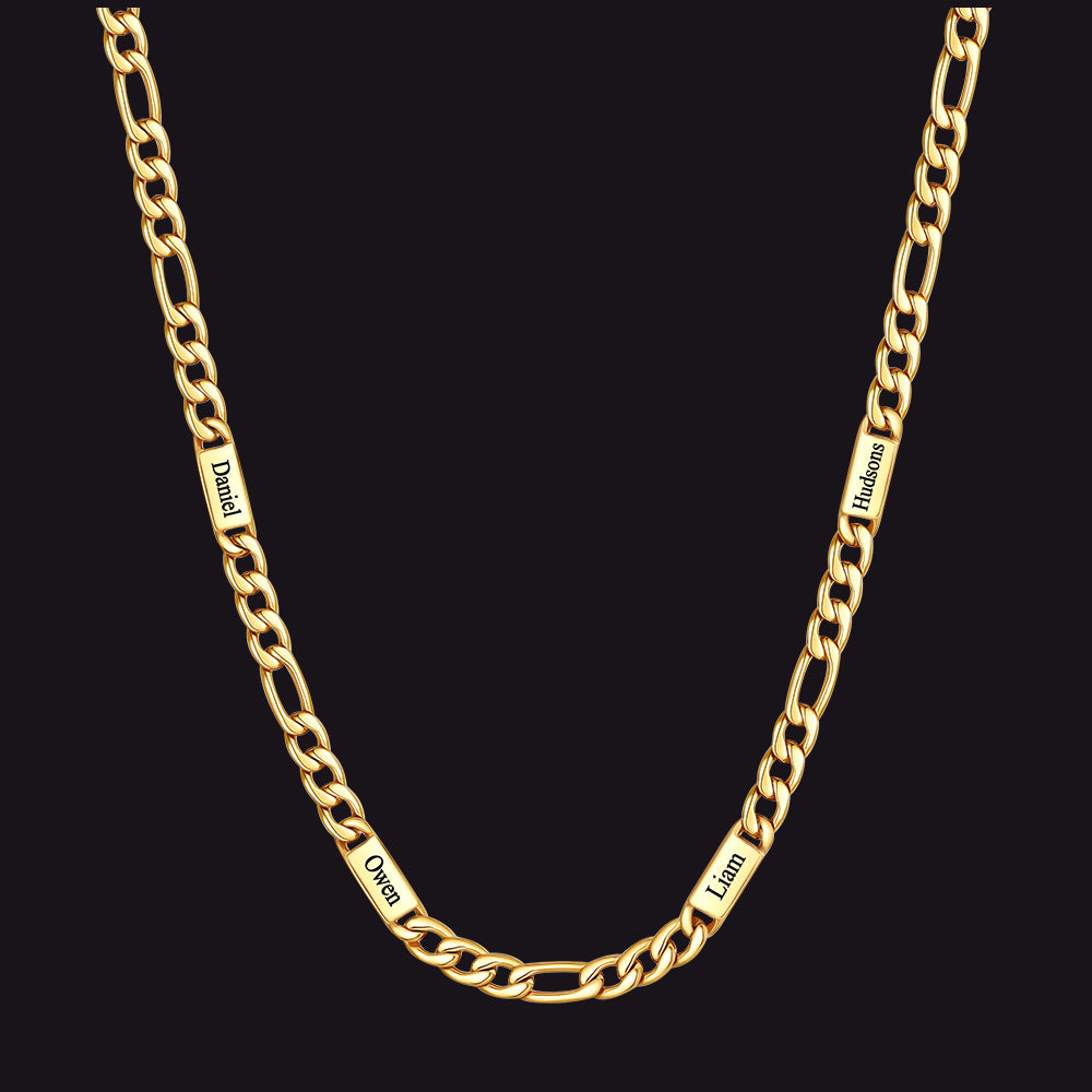 Gold 5mm Figaro chain custom 4-letter name necklace for men