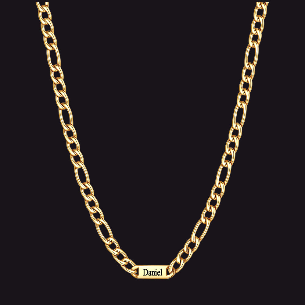 Gold 7mm Figaro chain custom 1-letter name necklace for men