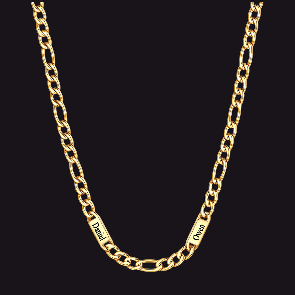 Gold 7mm Figaro chain custom 2-letter name necklace for men