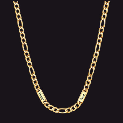 Gold 7mm Figaro chain custom 2-letter name necklace for men