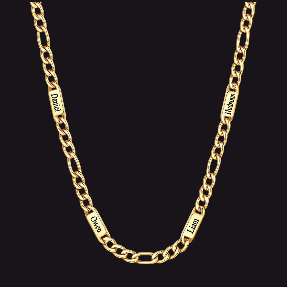 Gold 7mm Figaro chain custom 4-letter name necklace for men