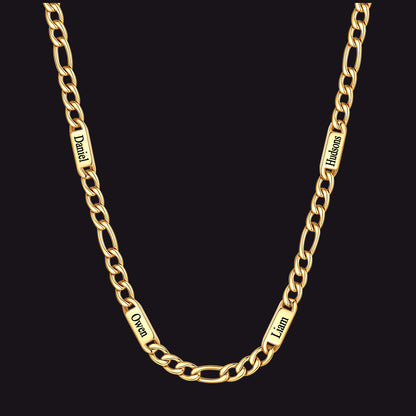 Gold 7mm Figaro chain custom 4-letter name necklace for men