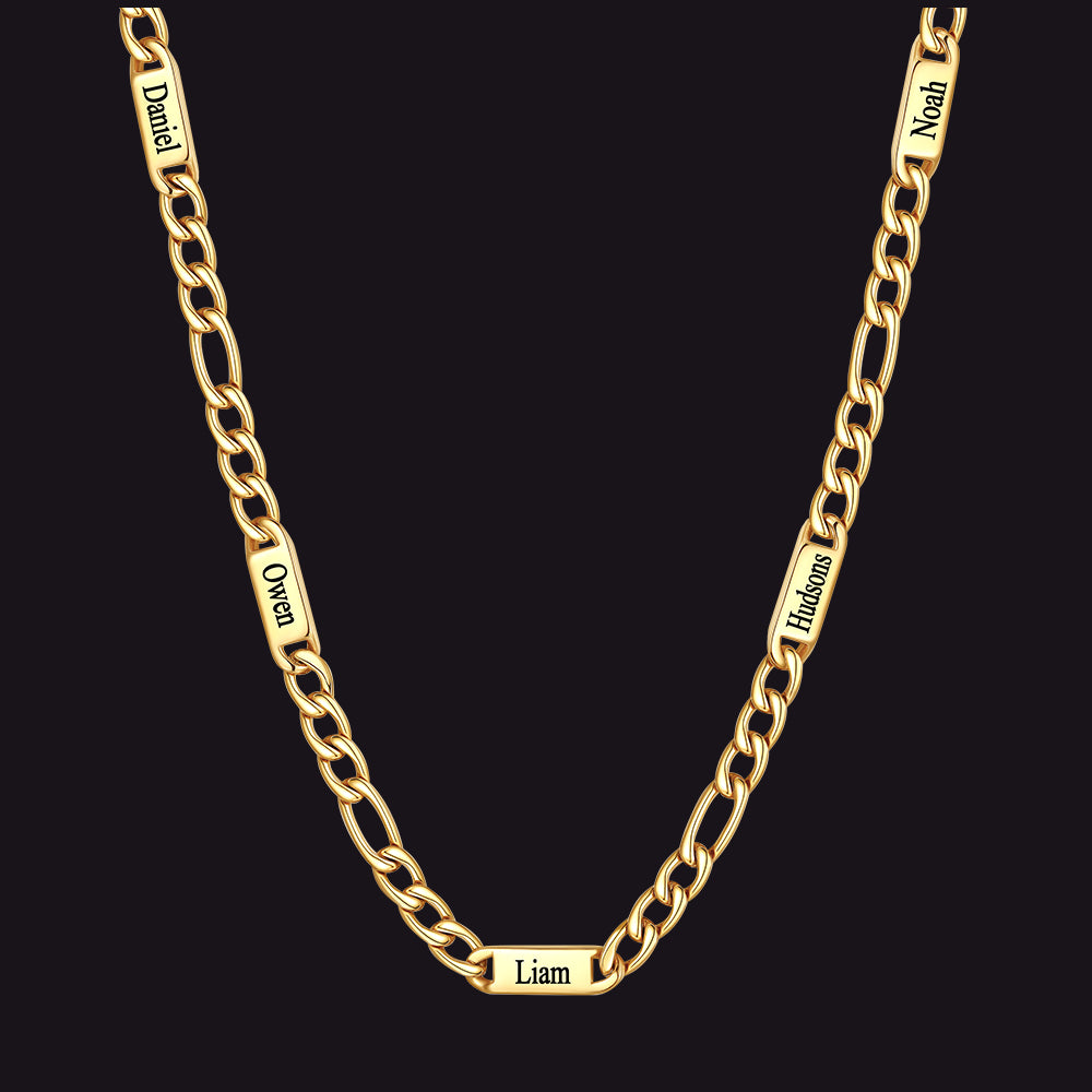 Gold 7mm Figaro chain custom 5-letter name necklace for men