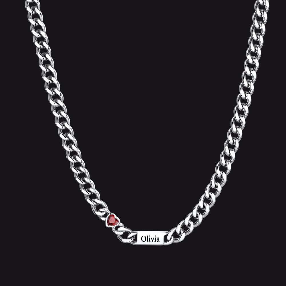 Silver / 1 Name / 24Inches 5MM Width Name Heart-shaped Birthstone Cuban Chain Necklace