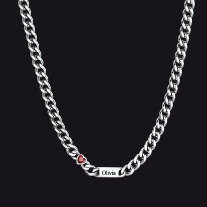 Silver / 1 Name / 24Inches 5MM Width Name Heart-shaped Birthstone Cuban Chain Necklace