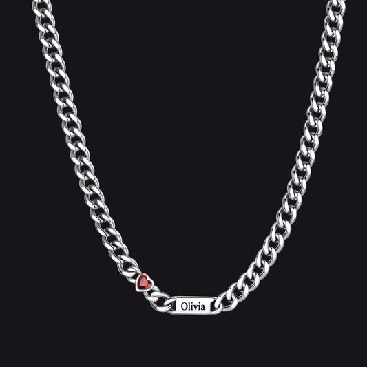 Silver / 1 Name / 24Inches 5MM Width Name Heart-shaped Birthstone Cuban Chain Necklaceimg