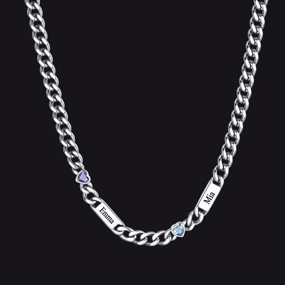 Silver / 2 Names / 24Inches 5MM Width Name Heart-shaped Birthstone Cuban Chain Necklace
