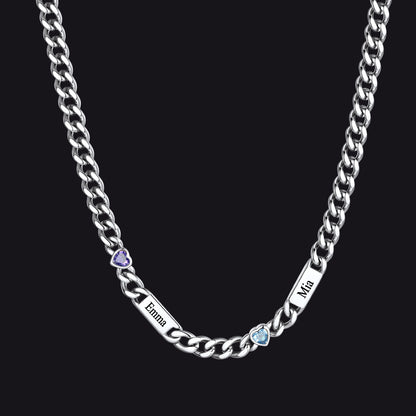 Silver / 2 Names / 24Inches 5MM Width Name Heart-shaped Birthstone Cuban Chain Necklace