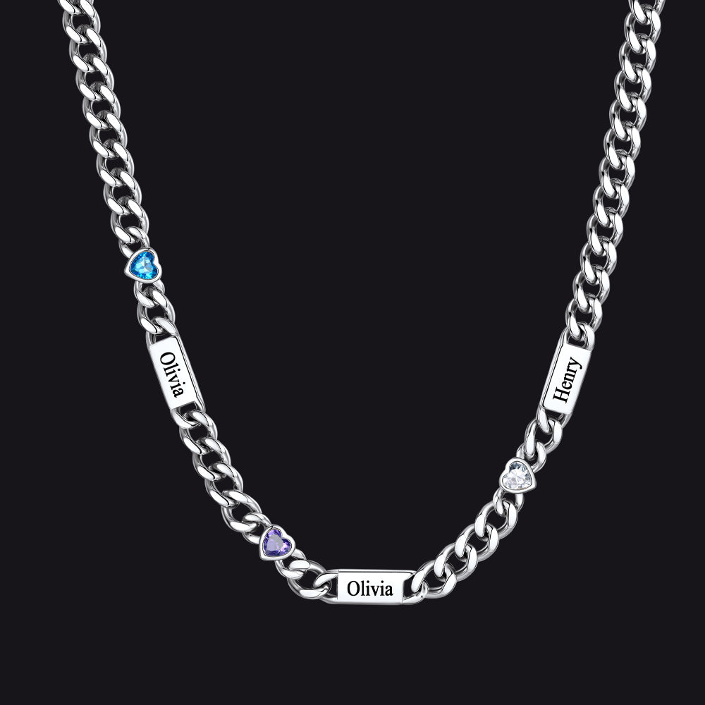 Silver / 3 Names / 24Inches 5MM Width Name Heart-shaped Birthstone Cuban Chain Necklace