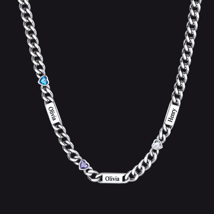 Silver / 3 Names / 24Inches 5MM Width Name Heart-shaped Birthstone Cuban Chain Necklace