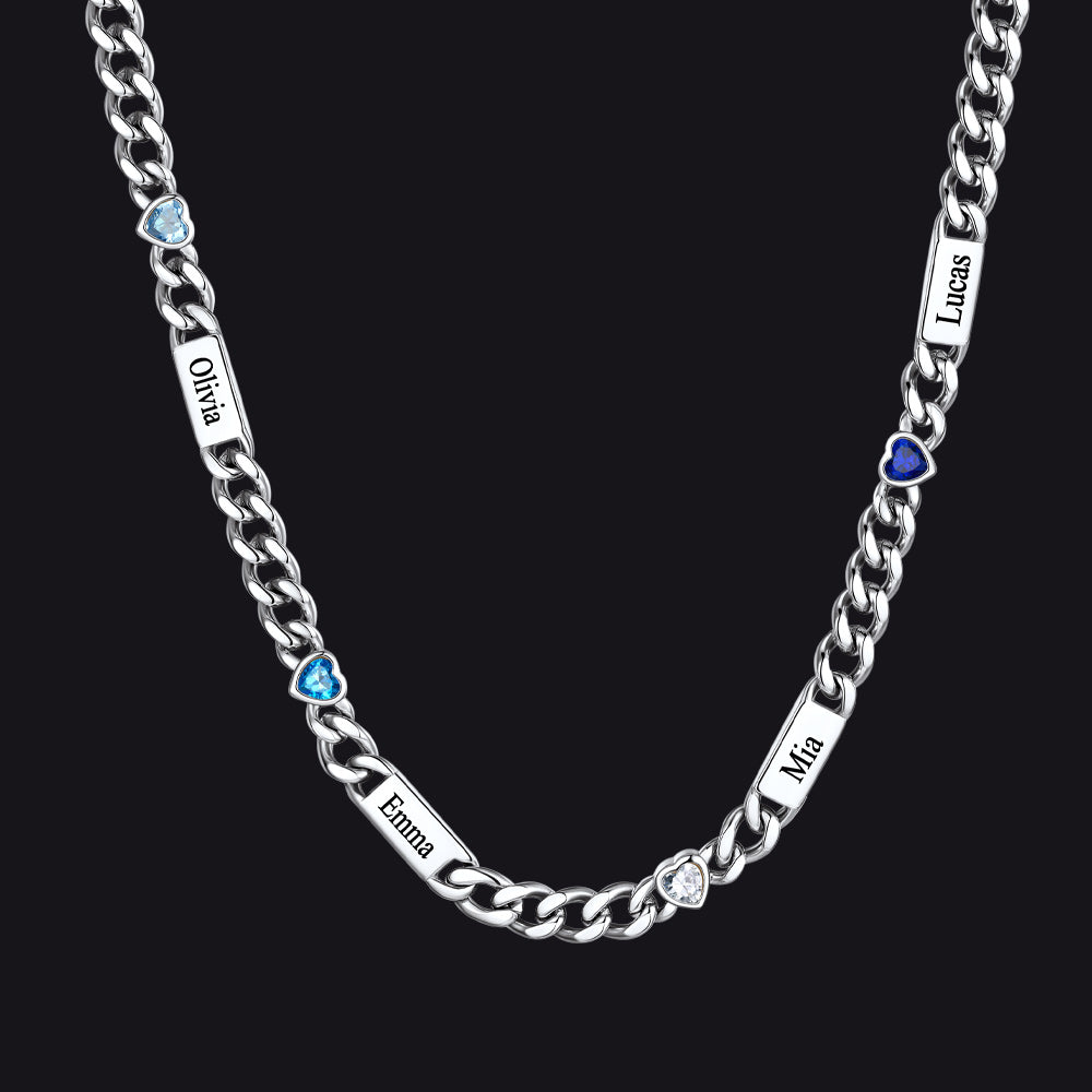 Silver / 4 Names / 24Inches 5MM Width Name Heart-shaped Birthstone Cuban Chain Necklace