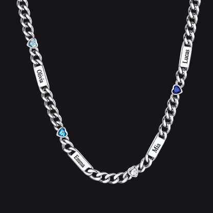Silver / 4 Names / 24Inches 5MM Width Name Heart-shaped Birthstone Cuban Chain Necklace