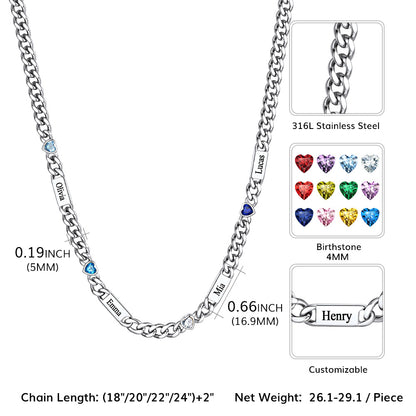  5MM Width Name Heart-shaped Birthstone Cuban Chain Necklace