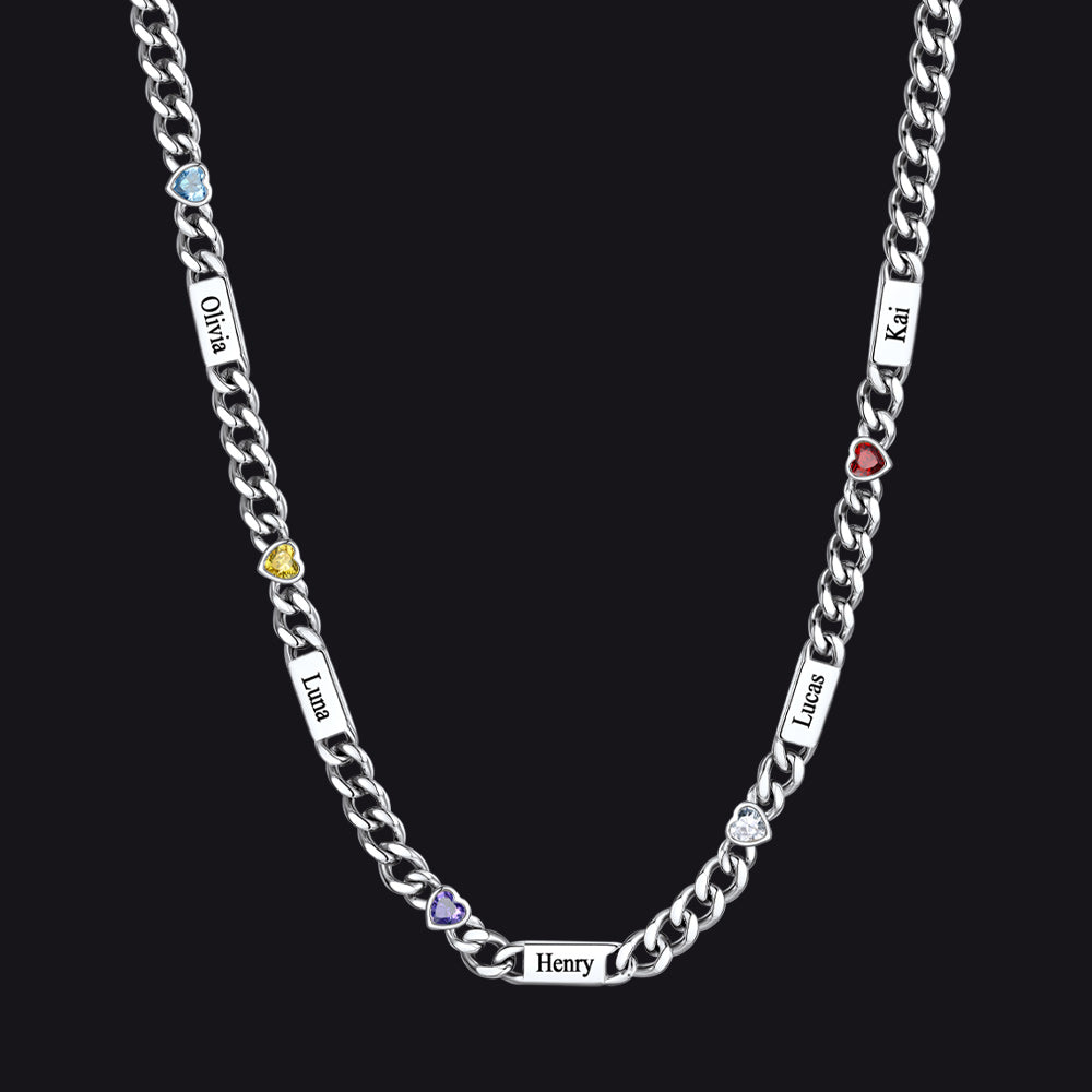 Silver / 5 Names / 24Inches 5MM Width Name Heart-shaped Birthstone Cuban Chain Necklace