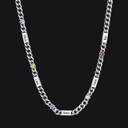 Silver / 5 Names / 24Inches 5MM Width Name Heart-shaped Birthstone Cuban Chain Necklace