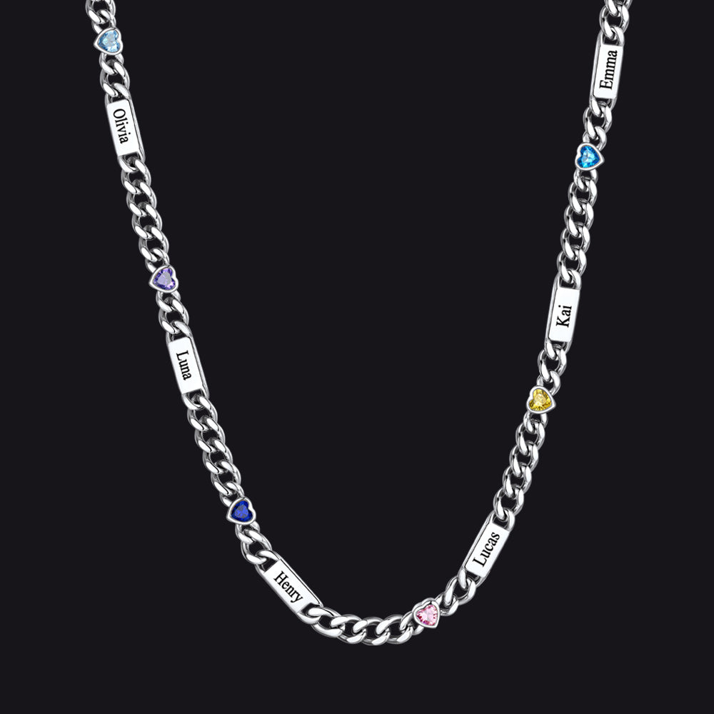 Silver / 6 Names / 24Inches 5MM Width Name Heart-shaped Birthstone Cuban Chain Necklace