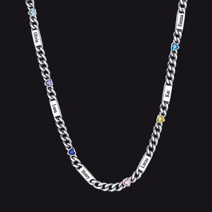 Silver / 6 Names / 24Inches 5MM Width Name Heart-shaped Birthstone Cuban Chain Necklace