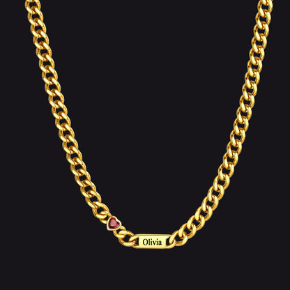 Gold / 1 Name / 24Inches 5MM Width Name Heart-shaped Birthstone Cuban Chain Necklace