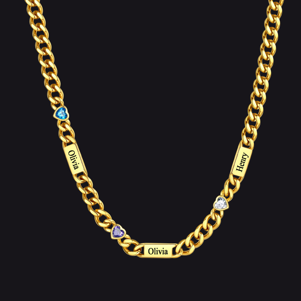 Gold / 3 Names / 24Inches 5MM Width Name Heart-shaped Birthstone Cuban Chain Necklace