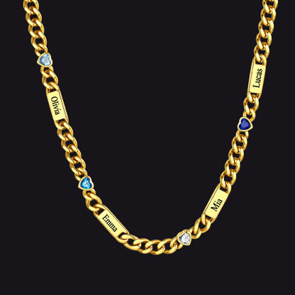 Gold / 4 Names / 24Inches 5MM Width Name Heart-shaped Birthstone Cuban Chain Necklace