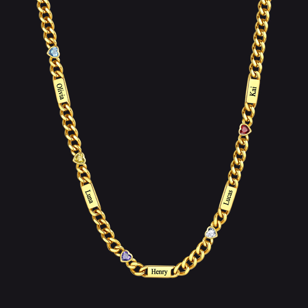 Gold / 5 Names / 24Inches 5MM Width Name Heart-shaped Birthstone Cuban Chain Necklace