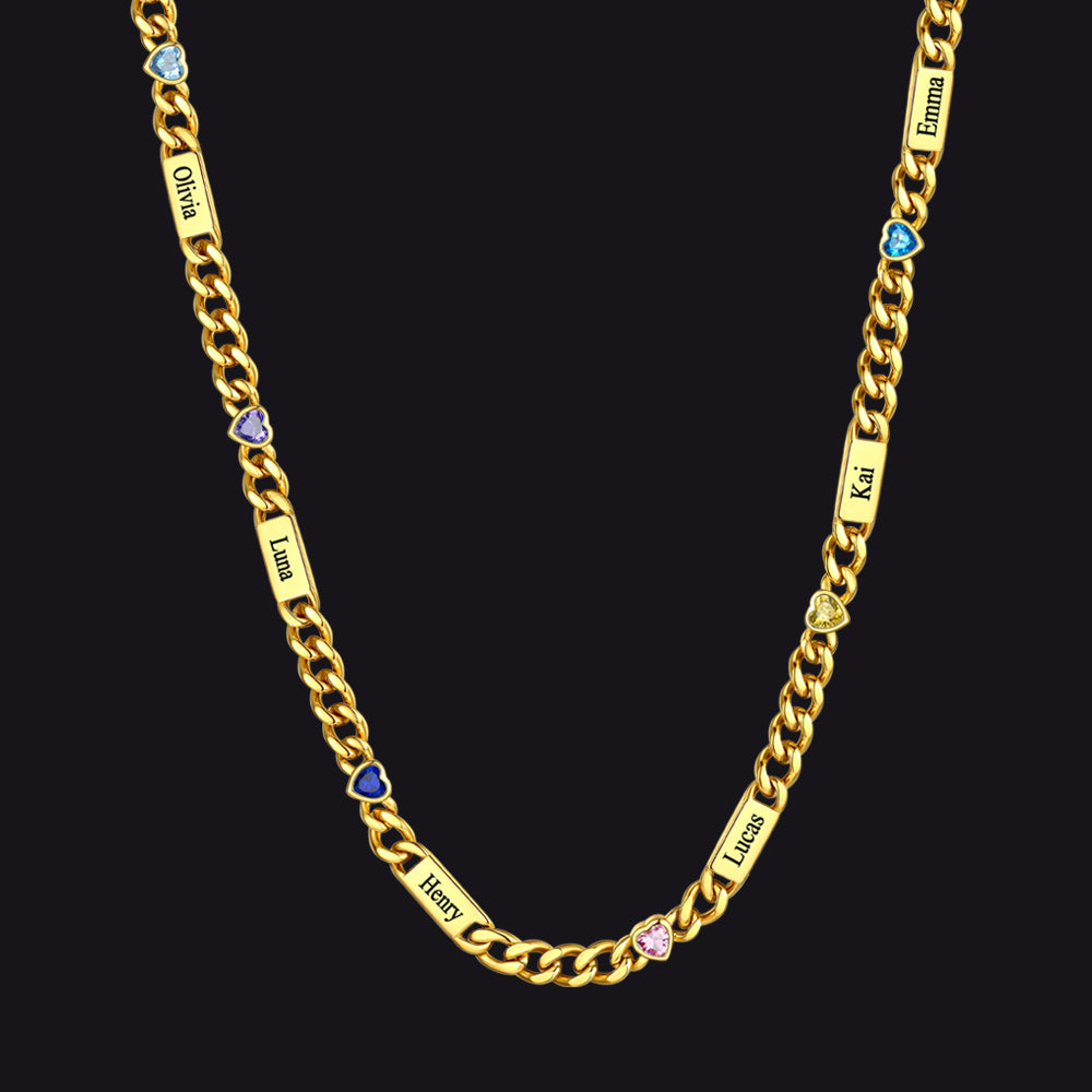 Gold / 6 Names / 24Inches 5MM Width Name Heart-shaped Birthstone Cuban Chain Necklace
