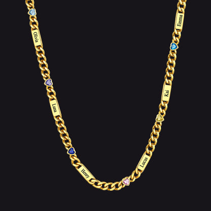 Gold / 6 Names / 24Inches 5MM Width Name Heart-shaped Birthstone Cuban Chain Necklace