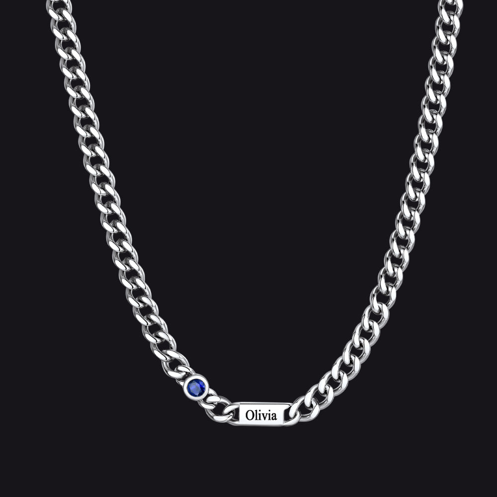 Silver / 1 Name / 24Inches 5mm Custom Name Cuban Chain Necklace with Birthstone