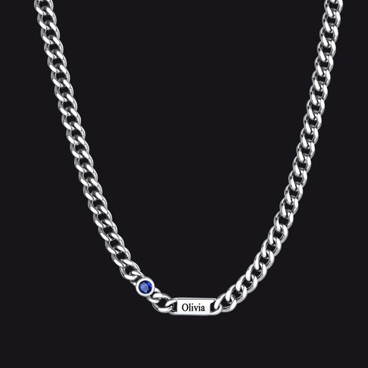 Silver / 1 Name / 24Inches 5mm Custom Name Cuban Chain Necklace with Birthstoneimg