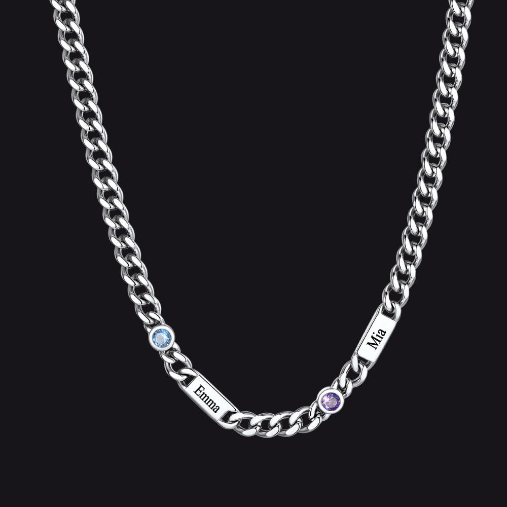 Silver / 2 Names / 24Inches 5mm Custom Name Cuban Chain Necklace with Birthstone