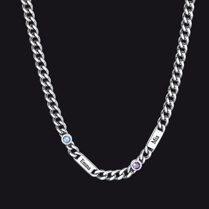 Silver / 2 Names / 24Inches 5mm Custom Name Cuban Chain Necklace with Birthstone