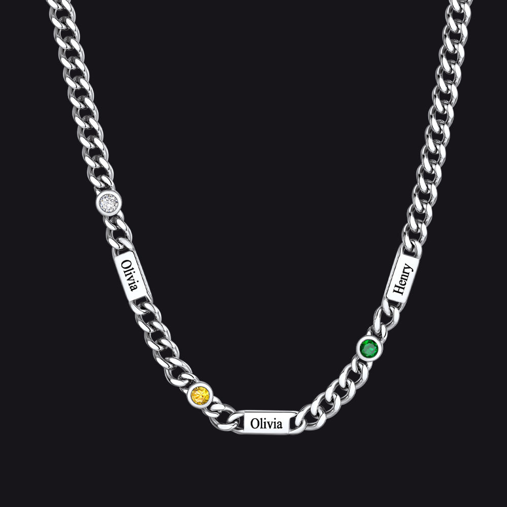 Silver / 3 Names / 24Inches 5mm Custom Name Cuban Chain Necklace with Birthstone