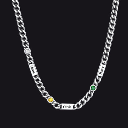 Silver / 3 Names / 24Inches 5mm Custom Name Cuban Chain Necklace with Birthstone