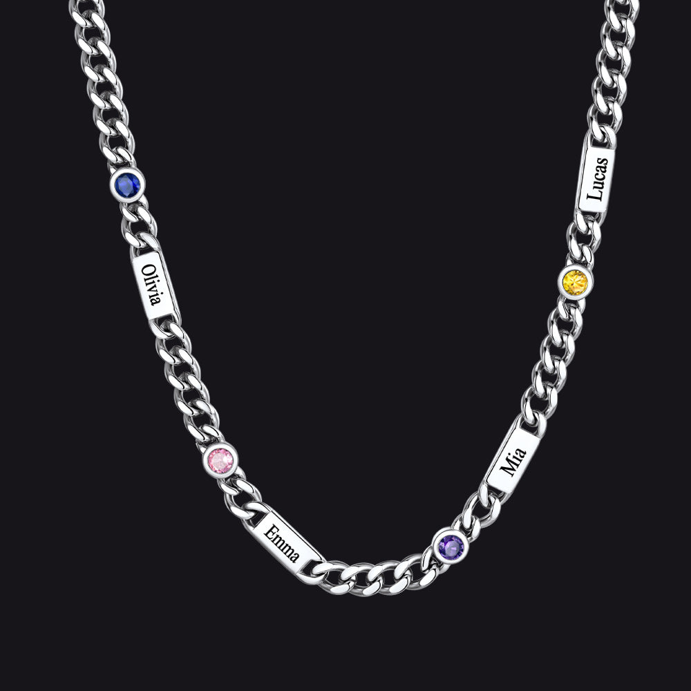 Silver / 4 Names / 24Inches 5mm Custom Name Cuban Chain Necklace with Birthstone
