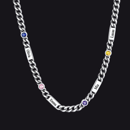 Silver / 4 Names / 24Inches 5mm Custom Name Cuban Chain Necklace with Birthstone