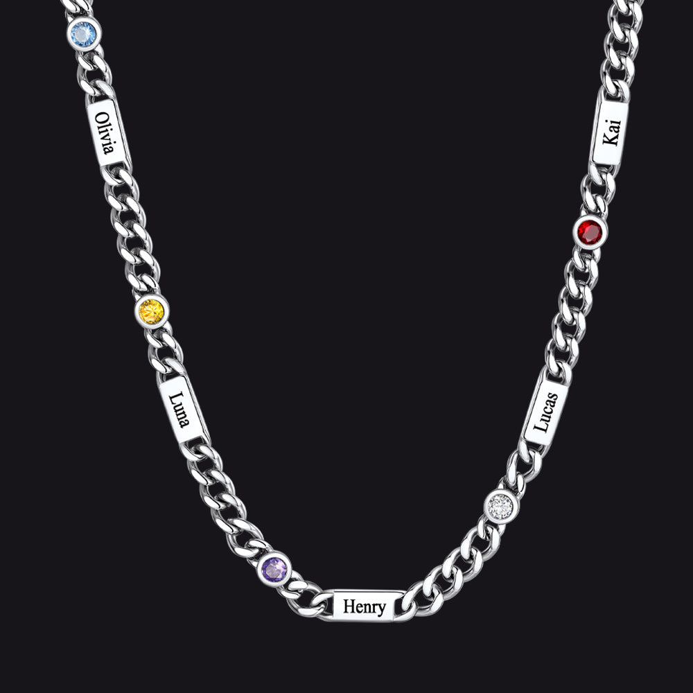 Silver / 5 Names / 24Inches 5mm Custom Name Cuban Chain Necklace with Birthstone