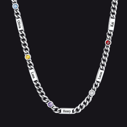Silver / 5 Names / 24Inches 5mm Custom Name Cuban Chain Necklace with Birthstone