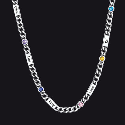 Silver / 6 Names / 24Inches 5mm Custom Name Cuban Chain Necklace with Birthstone