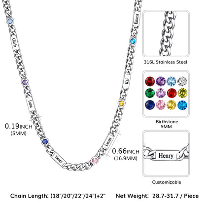  5mm Custom Name Cuban Chain Necklace with Birthstone