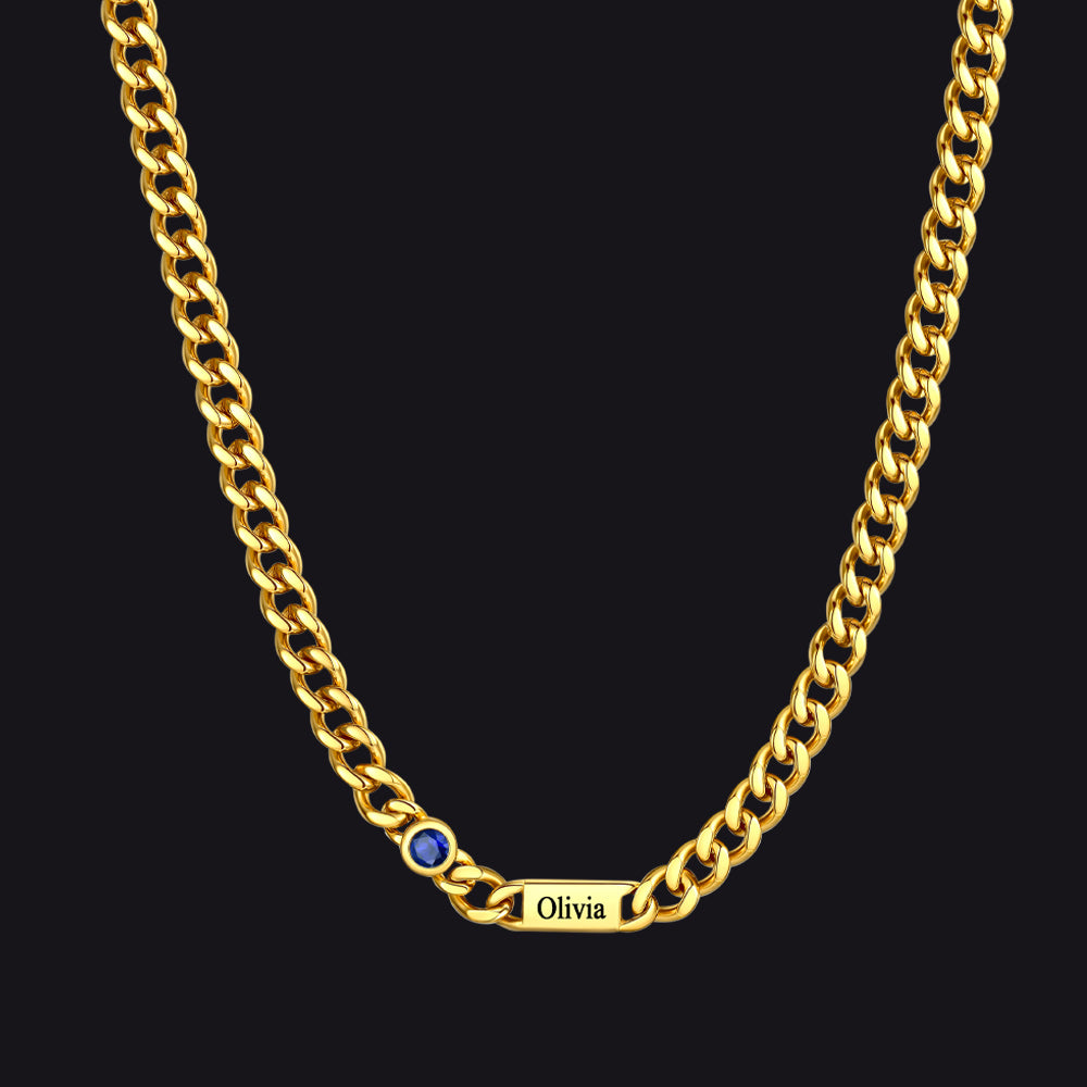 Gold / 1 Name / 24Inches 5mm Custom Name Cuban Chain Necklace with Birthstone
