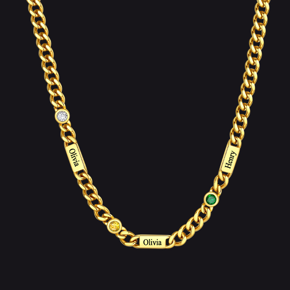Gold / 3 Names / 24Inches 5mm Custom Name Cuban Chain Necklace with Birthstone