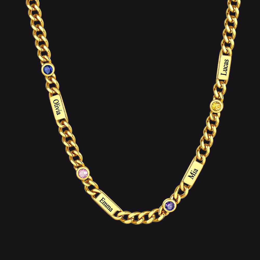 Gold / 4 Names / 24Inches 5mm Custom Name Cuban Chain Necklace with Birthstone