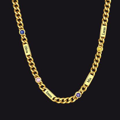 Gold / 4 Names / 24Inches 5mm Custom Name Cuban Chain Necklace with Birthstone