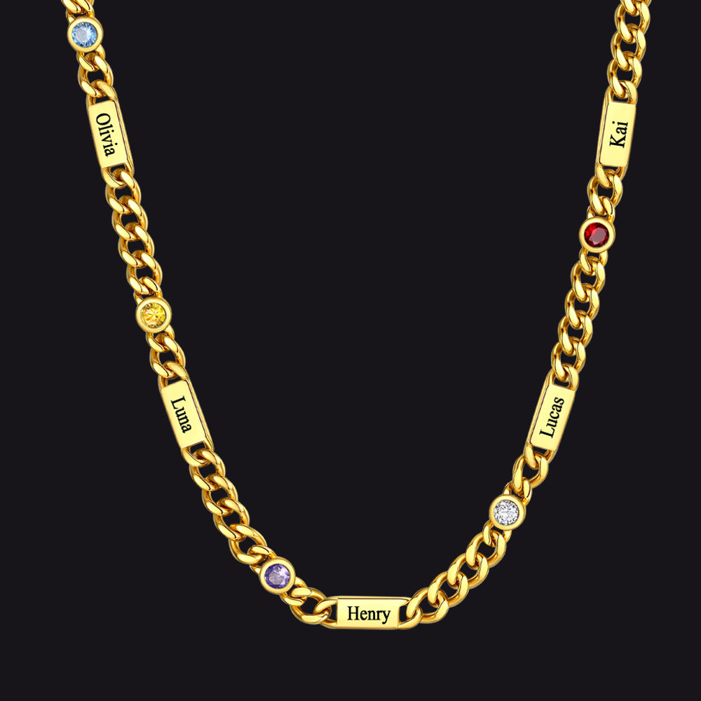 Gold / 5 Names / 24Inches 5mm Custom Name Cuban Chain Necklace with Birthstone
