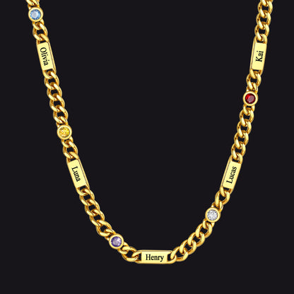 Gold / 5 Names / 24Inches 5mm Custom Name Cuban Chain Necklace with Birthstone